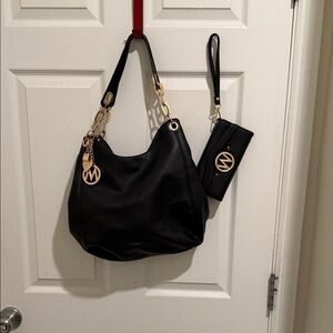 Black MIA Hobo Bag with Gold Chain Strap + Matching Wallet Set